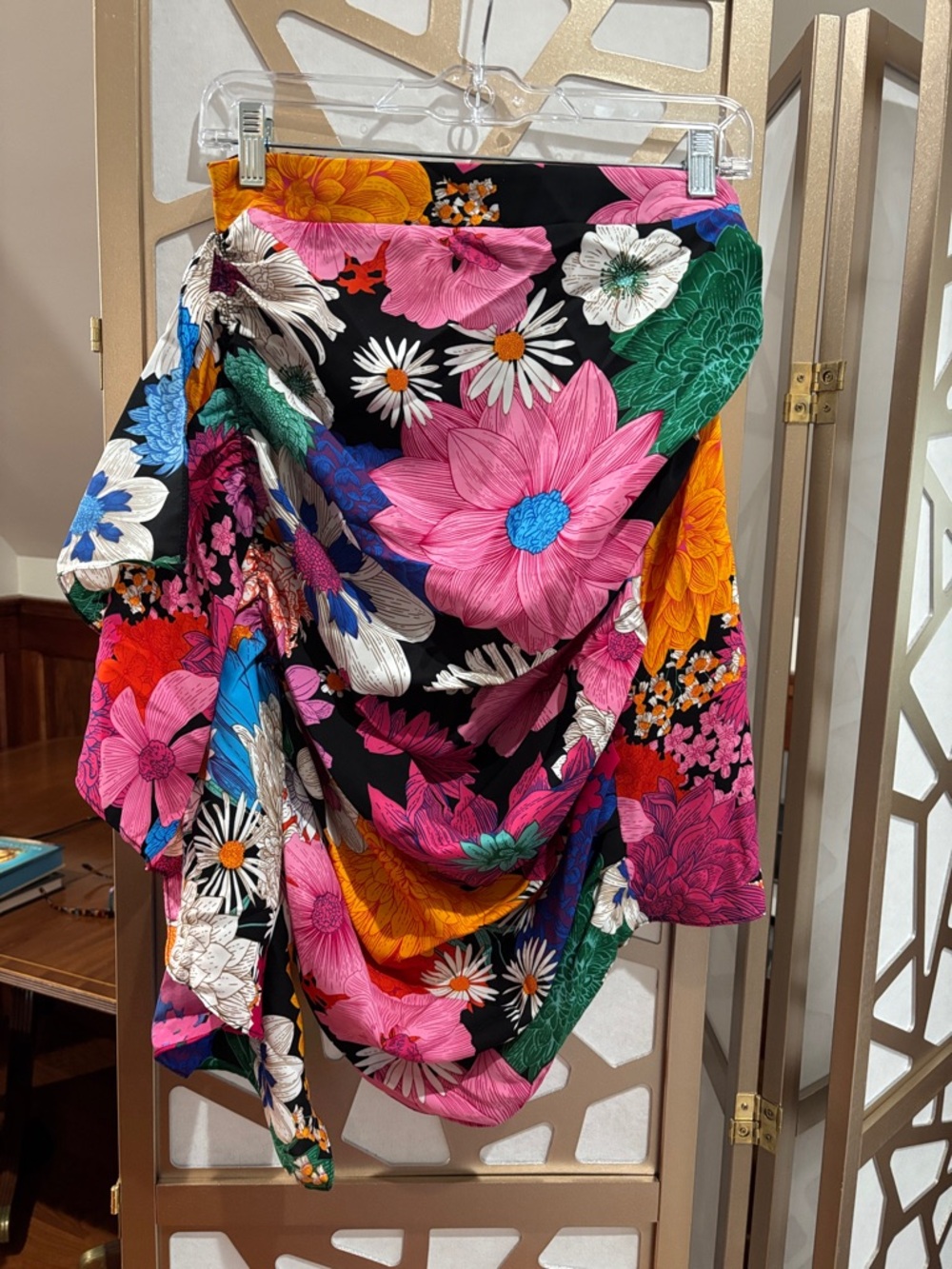 Asymmetrical Floral Draped Skirt - Black Multi